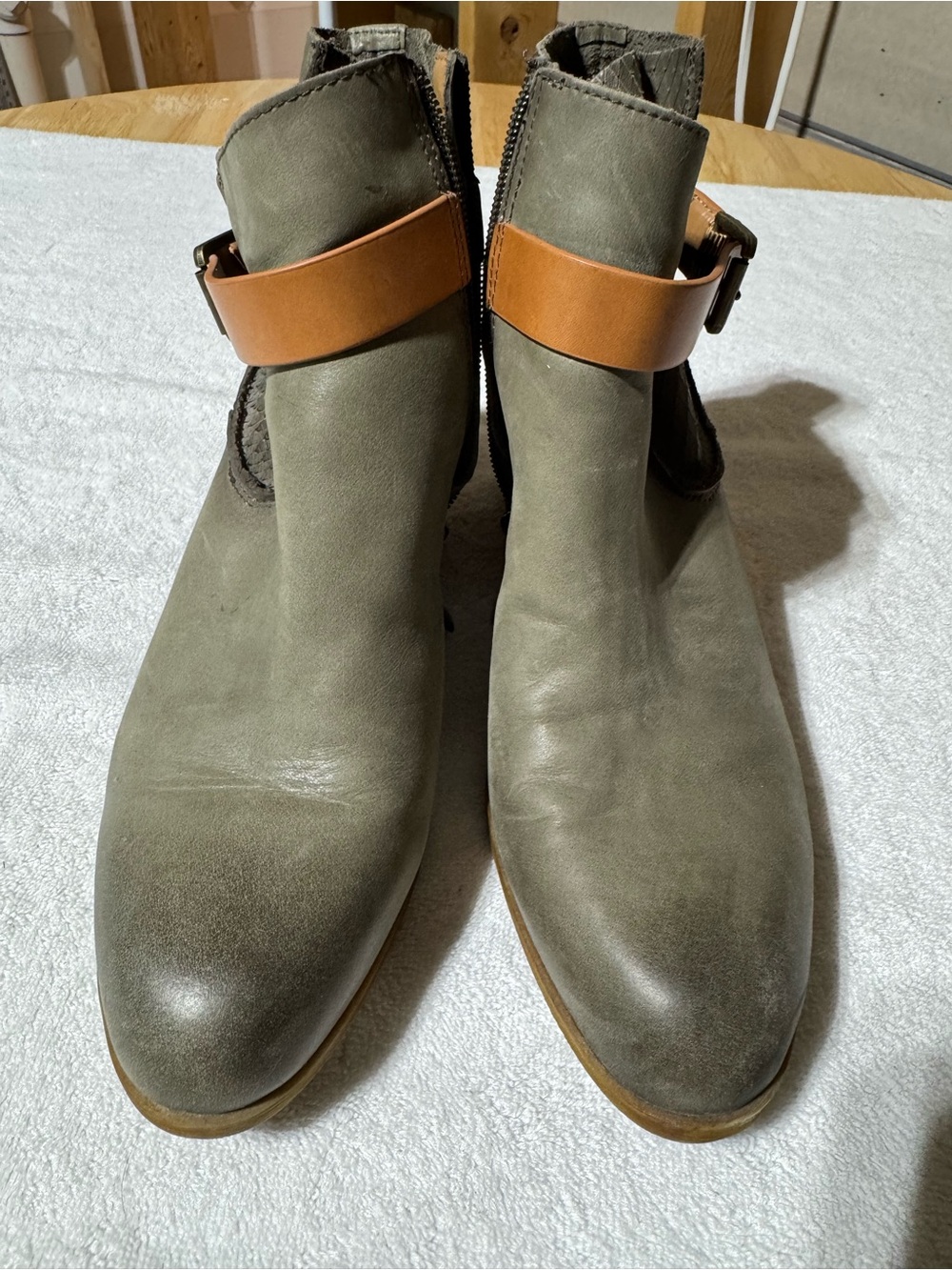 Comfortiva Olive Green Leather Ankle Boots with Tan Strap